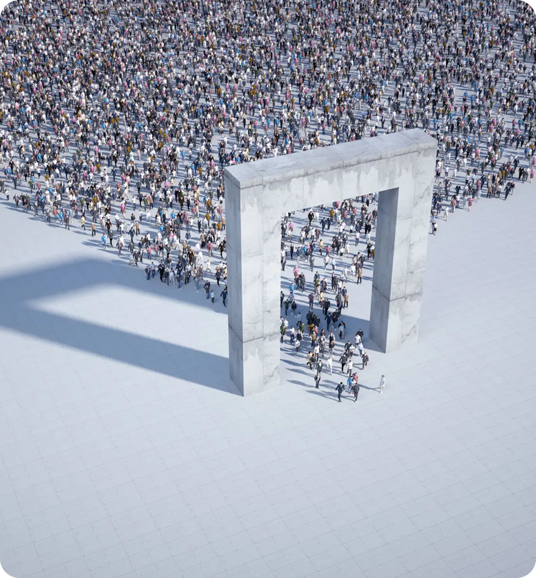 Crowd passing through large concrete archway.