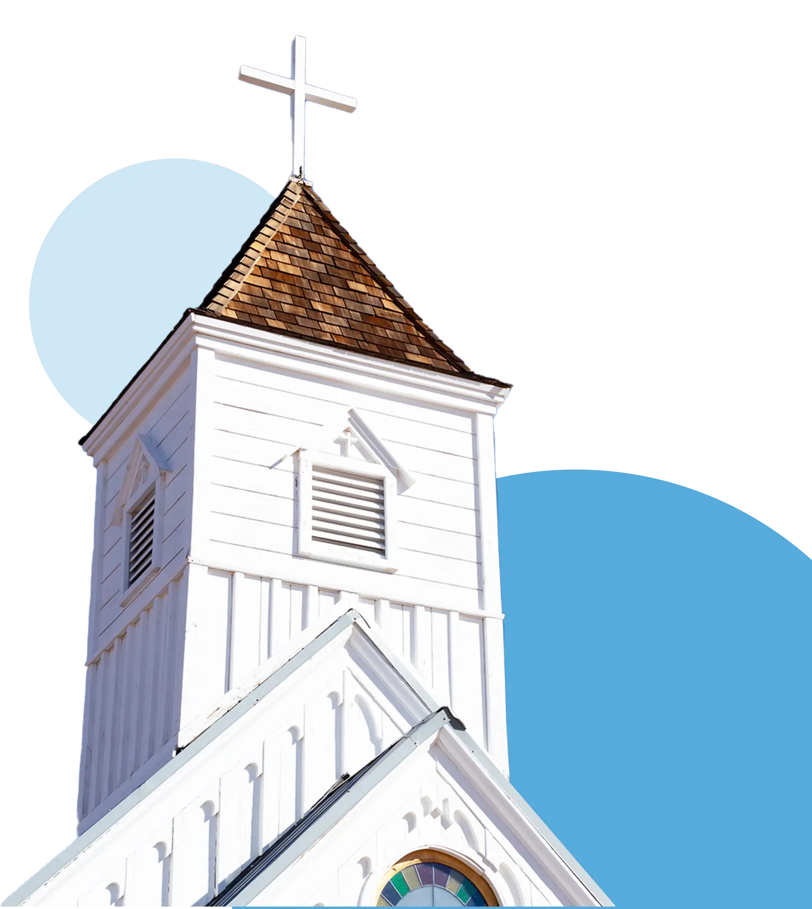 White church steeple with blue background.